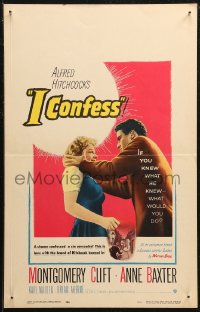 7j1048 I CONFESS WC 1953 Alfred Hitchcock, art of Montgomery Clift shaking Anne Baxter!