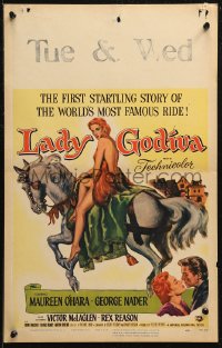 7j1060 LADY GODIVA WC 1955 great artwork of super sexy naked Maureen O'Hara on horseback!