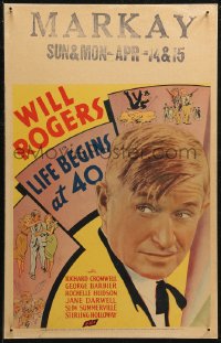 7j1065 LIFE BEGINS AT 40 WC 1935 close up of newspaper editor Will Rogers with montage cartoon art!
