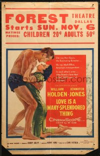 7j1070 LOVE IS A MANY-SPLENDORED THING WC 1955 romantic art of William Holden & Jennifer Jones!