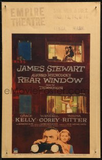 7j1108 REAR WINDOW WC 1954 Alfred Hitchcock, voyeur Jimmy Stewart w/ binoculars & sexy Grace Kelly!