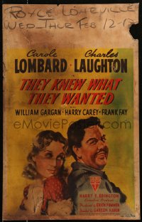 7j1136 THEY KNEW WHAT THEY WANTED WC 1940 great art of Carole Lombard & Charles Laughton, ultra rare!