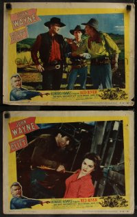 7k1097 RED RIVER 2 LCs R1952 images of John Wayne, Montgomery Clift, Joanne Dru, Howard Hawks!