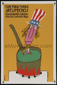 7m0369 CON PURA MAGIA SATISFECHOS Cuban 1984 art of Uncle Sam in boiling pot by Bachs!