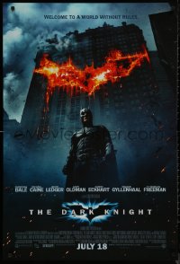 7m0850 DARK KNIGHT int'l advance DS 1sh 2008 Christian Bale as Batman in front of burning bat symbol!