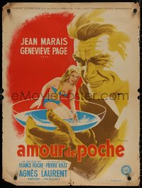 7m0704 NUDE IN HIS POCKET French 24x32 1957 Jean Marais, cool art of woman in glass by Basarte!