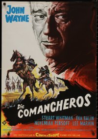 7m0340 COMANCHEROS German 1961 Michael Curtiz, art of cowboy John Wayne, blue credit design!