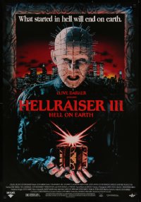 7m0211 HELLRAISER III: HELL ON EARTH 27x39 video poster 1992 Clive Barker, Pinhead holding cube!