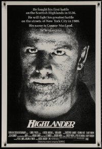 7m0946 HIGHLANDER 1sh 1986 super close up art of immortal Christopher Lambert in the title role!
