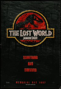7m0984 JURASSIC PARK 2 teaser DS 1sh 1997 Spielberg, classic logo with T-Rex over red background!