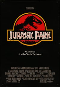 7m0981 JURASSIC PARK int'l 1sh 1993 Steven Spielberg, classic logo with T-Rex over red background