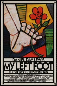 7m1050 MY LEFT FOOT int'l 1sh 1989 Daniel Day-Lewis, cool artwork of foot w/flower by Seltzer!