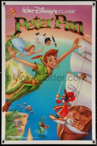 7m1071 PETER PAN 1sh R1989 Walt Disney animated cartoon fantasy classic, great flying art!