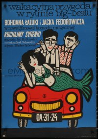 7m0331 KOCHAJMY SYRENKI Polish 23x33 1967 wild & different Stachurski art of mermaid on car hood!