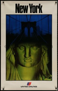 7m0071 UNITED AIRLINES NEW YORK 25x40 travel poster 1980s Brooklyn Bridge and the Statue Of Liberty!