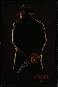 7m1213 UNFORGIVEN teaser DS 1sh 1992 image of gunslinger Clint Eastwood w/back turned, dated design!