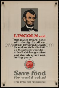 7m0091 SAVE FOOD FOR WORLD RELIEF 20x30 WWI war poster 1910s President Abraham Lincoln quote!