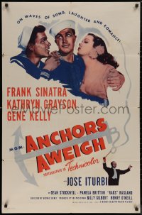7p0369 ANCHORS AWEIGH 1sh R1955 art of sailors Frank Sinatra & Gene Kelly with Kathryn Grayson!