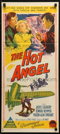 7p0266 HOT ANGEL Aust daybill 1958 Richardson Studio artwork of teenage hot rod rebel gangs!