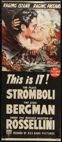 7p0312 STROMBOLI Aust daybill 1950 Ingrid Bergman, directed by Roberto Rossellini, cool volcano art!