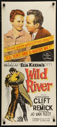 7p0330 WILD RIVER Aust daybill 1960 directed by Elia Kazan, Montgomery Clift embraces Lee Remick!