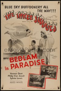 7p0397 BEDLAM IN PARADISE 1sh 1955 The Three Stooges Moe, Larry and Shemp, odd fantasy, ultra rare!