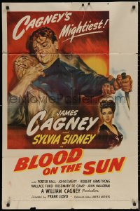 7p0422 BLOOD ON THE SUN 1sh 1945 great artwork of James Cagney in fight, plus sexy Sylvia Sidney!
