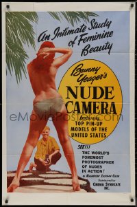 7p0452 BUNNY YEAGER'S NUDE CAMERA 1sh 1964 Barry Mahon, image of Yeager photographing topless girl!