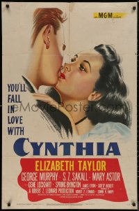 7p0508 CYNTHIA 1sh 1947 art close up of sexy Elizabeth Taylor kissing Jimmy Lydon!