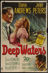7p0520 DEEP WATERS 1sh 1948 artwork of Dana Andrews holding sexy Jean Peters!