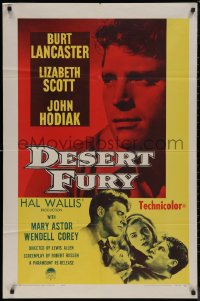 7p0523 DESERT FURY 1sh R1958 art of Burt Lancaster about to punch John Hodiak + Lizabeth Scott!