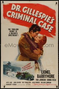 7p0540 DR. GILLESPIE'S CRIMINAL CASE 1sh 1943 art of soldier Michael Duane romancing Donna Reed!