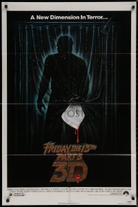 7p0601 FRIDAY THE 13th PART 3 - 3D 1sh 1982 slasher sequel, art of Jason stabbing through shower!
