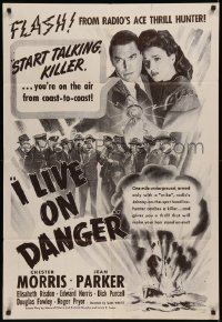 7p0672 I LIVE ON DANGER military 1sh R1950s artwork of Chester Morris & Jean Parker, exploding ship!