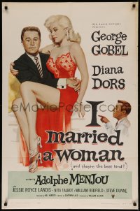 7p0673 I MARRIED A WOMAN 1sh 1958 artwork of sexiest Diana Dors sitting in George Gobel's lap!