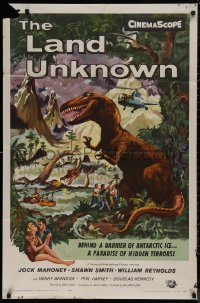 7p0708 LAND UNKNOWN 1sh 1957 a paradise of hidden terrors, great art of dinosaurs by Ken Sawyer!