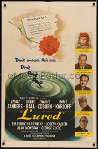 7p0732 LURED 1sh 1947 artist seeks beautiful model, Lucille Ball, Boris Karloff, murder!