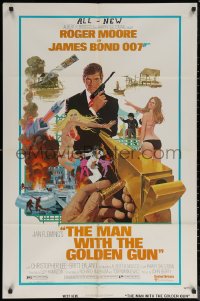 7p0745 MAN WITH THE GOLDEN GUN West Hemi 1sh 1974 McGinnis art of Roger Moore as James Bond!