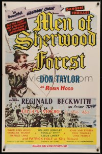 7p0754 MEN OF SHERWOOD FOREST 1sh 1956 art of Don Taylor as Robin Hood fighting many guards!