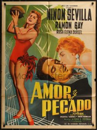 7p0137 AMOR Y PECADO Mexican poster 1956 full-length art of sexy Ninon Sevilla by L. Mendoza!