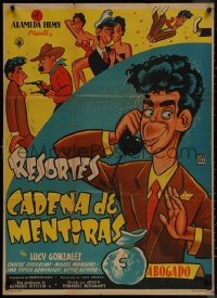 7p0143 CADENA DE MENTIRAS Mexican poster 1955 wacky cartoon art of comedian Resortes by Cabral!