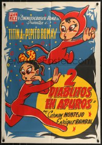 7p0154 DOS DIABLITOS EN APUROS export Mexican poster 1957 wacky cartoon art of devils Titina & Pepe Romay!