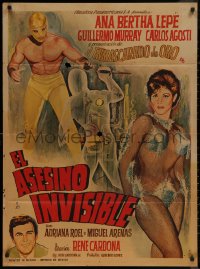 7p0155 EL ASESINO INVISIBLE Mexican poster 1965 art of wrestler & invisible monster + sexy babe!