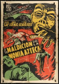 7p0180 LA MALDICION DE LA MOMIA AZTECA export Mexican poster R1960s Aztec mummy & masked wrestler!