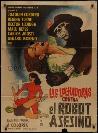 7p0185 LAS LUCHADORAS CONTRA EL ROBOT ASESINO Mexican poster 1969 Cardona, sexy and wild art with creepy villain!