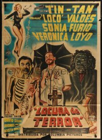 7p0191 LOCURA DE TERROR Mexican poster 1961 Tin-Tan, Loco Valdes, creepy horror artwork & sexy girl!