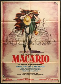 7p0194 MACARIO Mexican poster 1960 cool art of man carrying wood from altar of skulls by Mendoza!