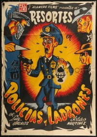 7p0199 POLICIAS Y LADRONES export Mexican poster 1956 really great artwork of scared policeman & crooks!