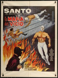 7p0201 SANTO CONTRA LA MAFIA DEL VICIO Mexican poster 1971 drug-smuggling stopped by Santo, rare!