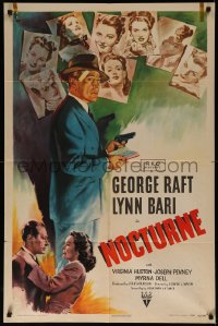 7p0784 NOCTURNE 1sh 1946 film noir art of George Raft & Lynn Bari, Hollywood glamour murder, rare!